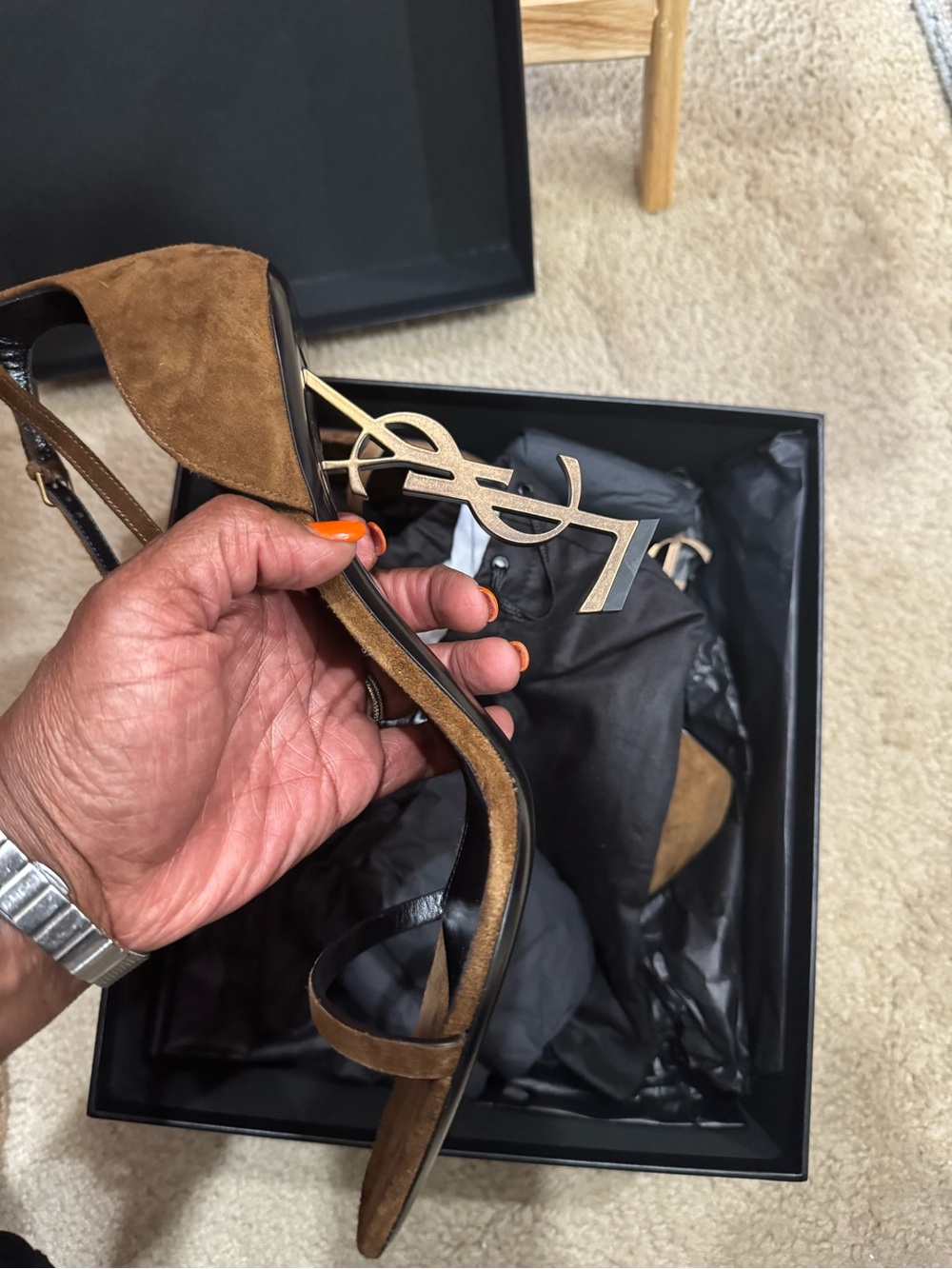 Saint Laurent Tan Suede Opyum Logo Heels with Gold Accent
